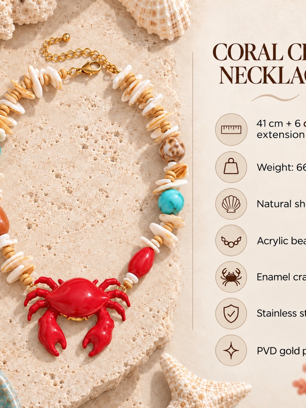Bold Red Crab Pendant Necklace with Multicolor Bead Accents - Picture 3 of 3